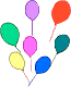 7 verschiedenfarbige Luftballons fliegen auseinander