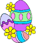 3 bunte Ostereier und 3 gelbe Blüten