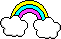 voller Regenbogen gelb türkis pink zwischen 2 weißen Wolken