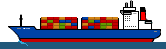 Containerschiff blauer Rumpf mit bunten Containern beladen