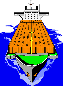 Containerschiff von vorne in Fahrt mit orangen Containern beladen