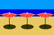 3 rote geöffnete Sonnenschirme am Strand