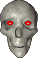 Totenkopf mit roten Augen und gelber Pupille von vorne