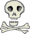 Totenkopf beige grau über 2 gekreuzten Knochen von vorne