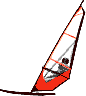 Windsurfer rotes Segel in Fahrt