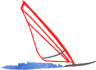 Surfboard mit rotem Segel in Fahrt