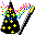 kleiner schwarzer Zauberhut mit Sternen und Zauberstab und Regenbogenschweif